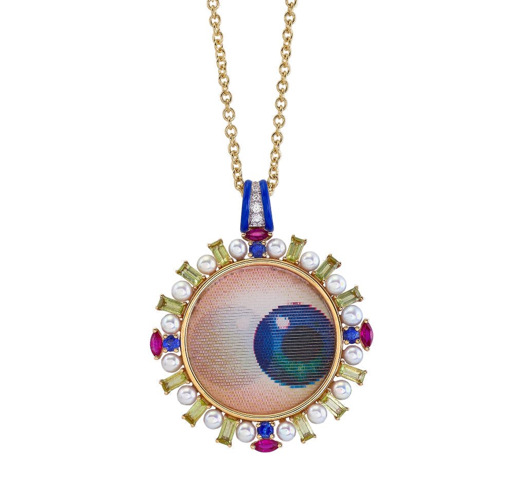 Vintage Lenticular Lovers Eye Necklace in Peridot and Mixed Gemstones Set in Yellow Gold - MUSE Shop